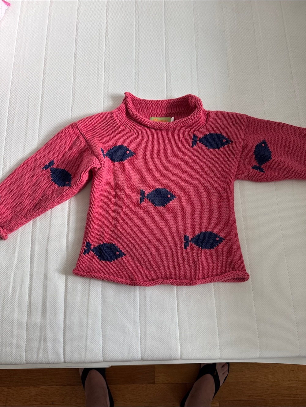 Boys Salmon Colored Knit Sweater with Navy Fish Motif